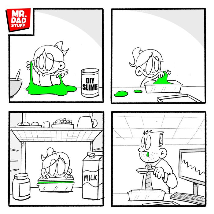 Comic about parenting chaos with DIY slime, child hiding it in the fridge, and dad eating it thinking it's dessert.