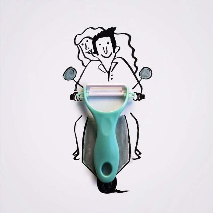 Playful illustration by Romain Joly combining a vegetable peeler with a drawing of two people riding a scooter.