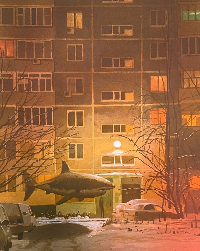 Shark swimming in urban landscape at night, surrounded by buildings and cars, showcasing surreal animal theme by Chris Austin.