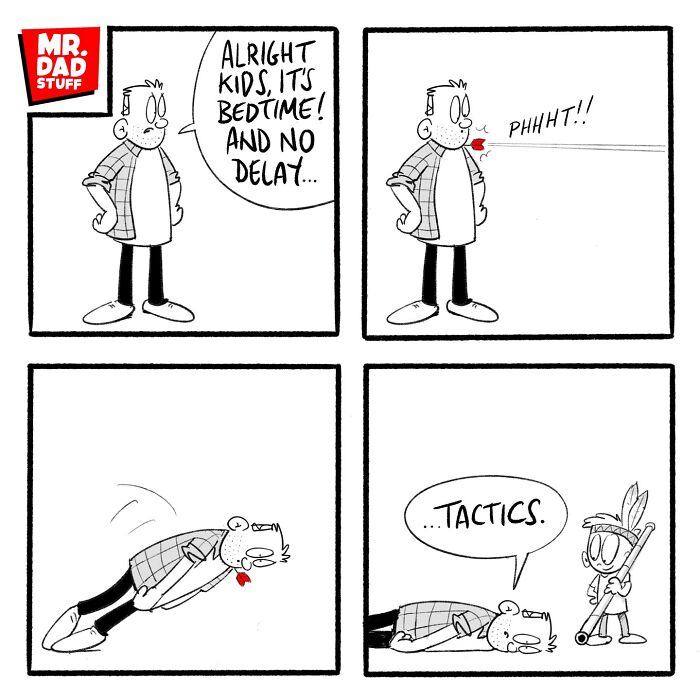 Comic of a dad trying bedtime tactics with kids, humorously depicting parenting chaos.