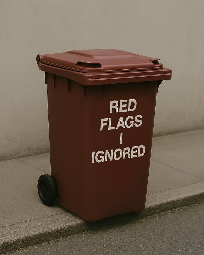 Red trash bin with "Red Flags I Ignored" text, representing thought-provoking artworks from common items.