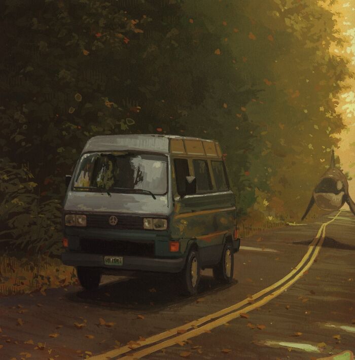 A surreal painting by Chris Austin of an orca emerging from a forest road next to a parked van.