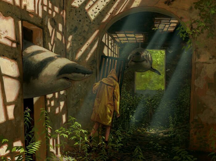 A surreal painting of animals in unexpected landscapes, featuring sharks swimming through an overgrown, sunlit building.