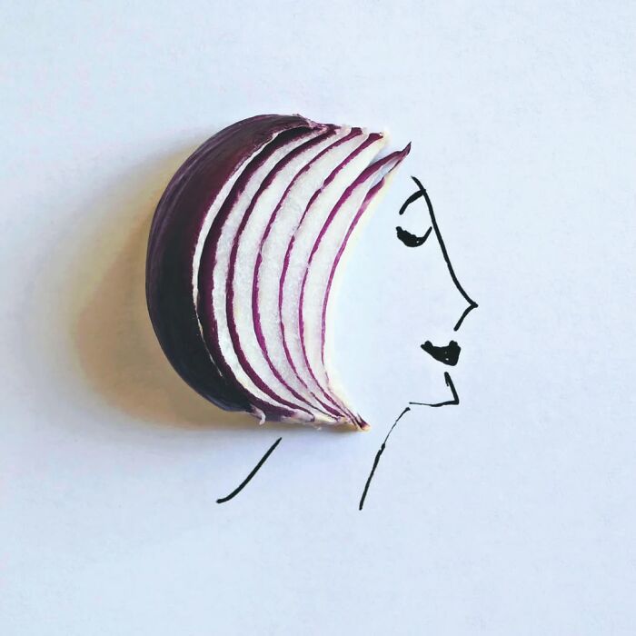 Playful illustration by Romain Joly using a red onion slice as hair in a drawing of a woman's profile.
