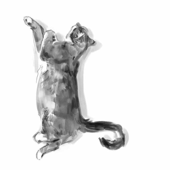 Digital cat art by Jinodae depicting a realistic drawing of a cat reaching upwards.