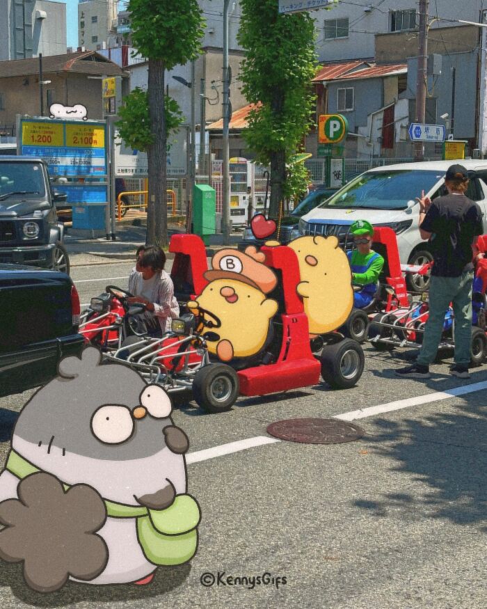 Cartoon characters Birb, Bread, and Poku in go-karts on a city street, blending with real-world scenery.
