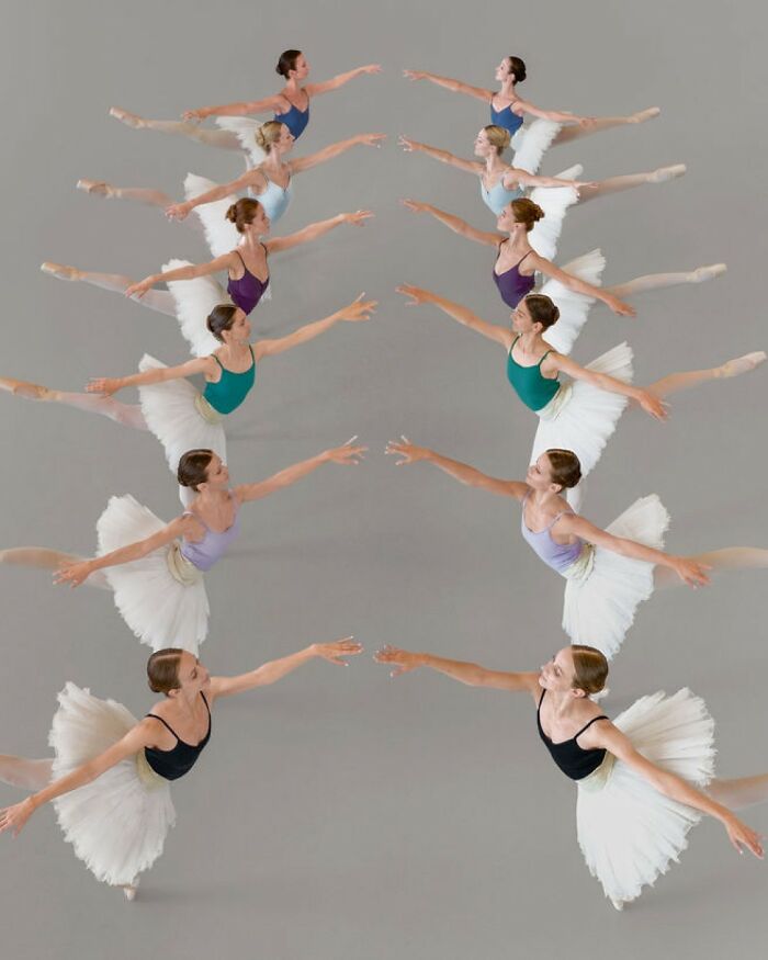 Aerial view of ballet dancers in tutus, captured in conceptual photography by Brad Walls.