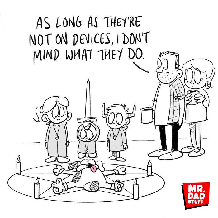 Comic of parenting chaos with kids in costumes around a drawn circle as parents watch humorously.