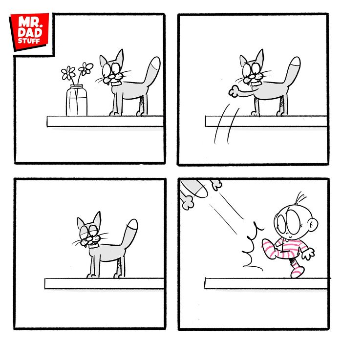 Funny Mr. Dad Stuff comic strip showing a cat knocking a vase off a shelf and a child balancing to catch it.