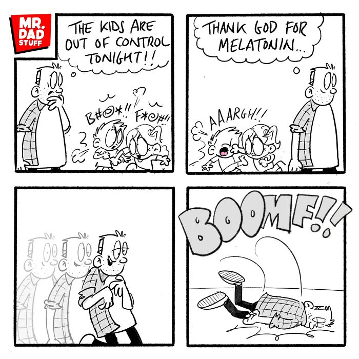 Comic strip from Mr. Dad Stuff showing humorous chaos of parenting with kids being rowdy and dad falling over in exhaustion.