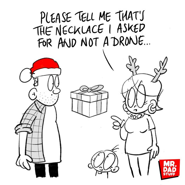 Comic of a couple with a gift, woman hoping it's a necklace and not a drone; humor in parenting and marriage.