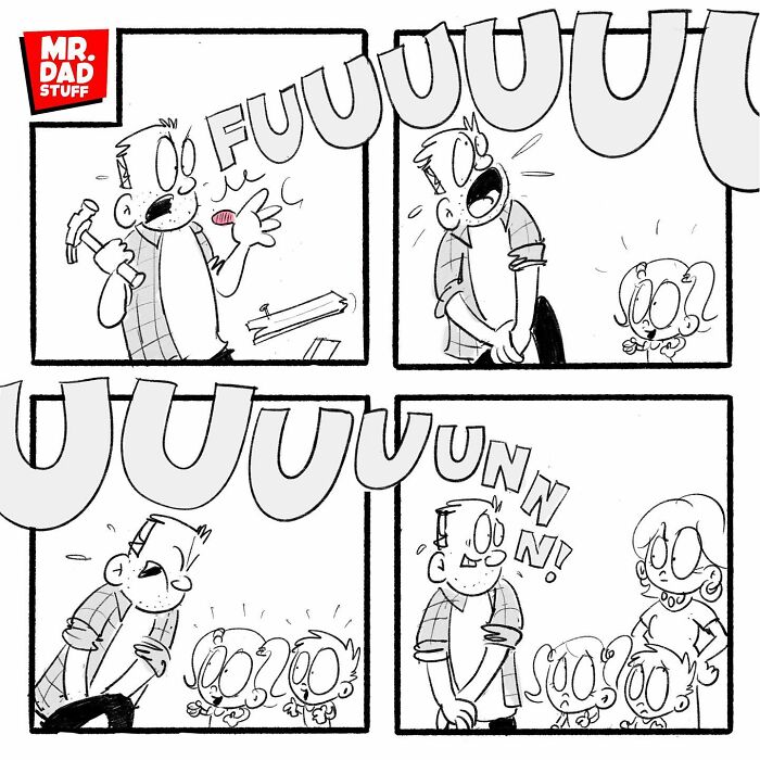 Mr. Dad comic showing a funny parenting moment with kids reacting to him hitting his thumb with a hammer.
