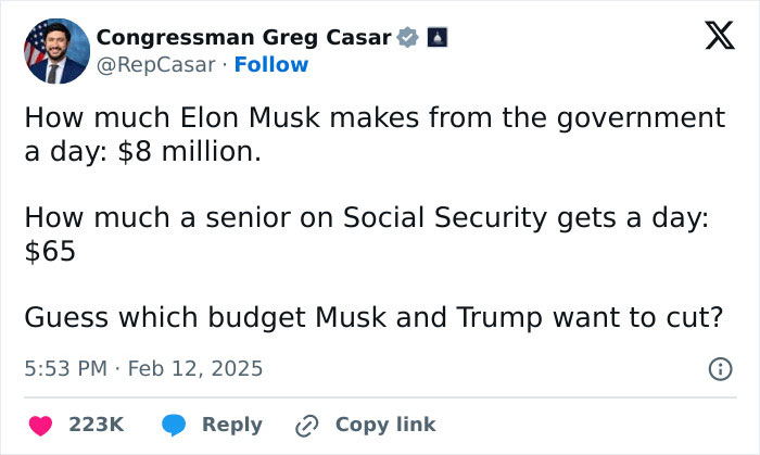 Tweet questioning budget priorities, highlighting disparity in daily earnings of Elon Musk and seniors on Social Security.