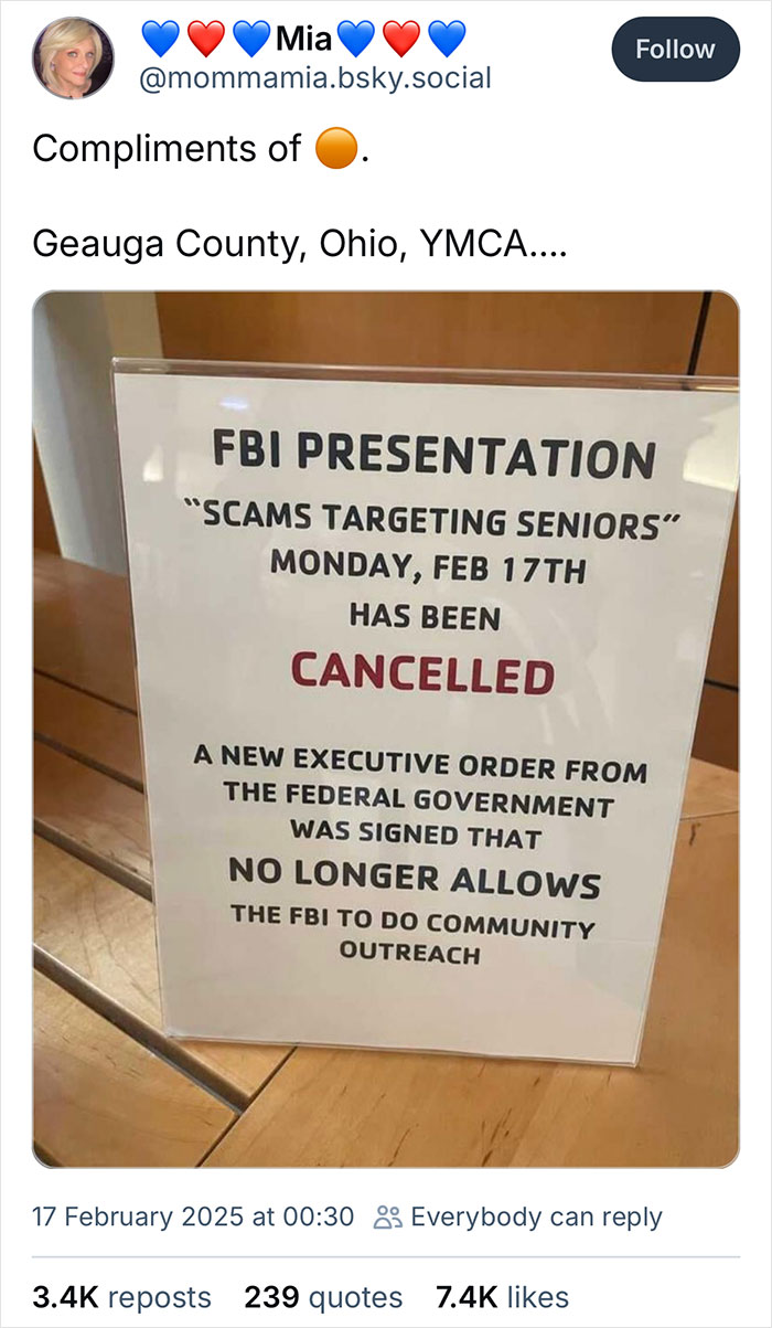 Sign announcing a cancelled FBI presentation on scams targeting seniors; main SEO keyword: Facepalm Moments.