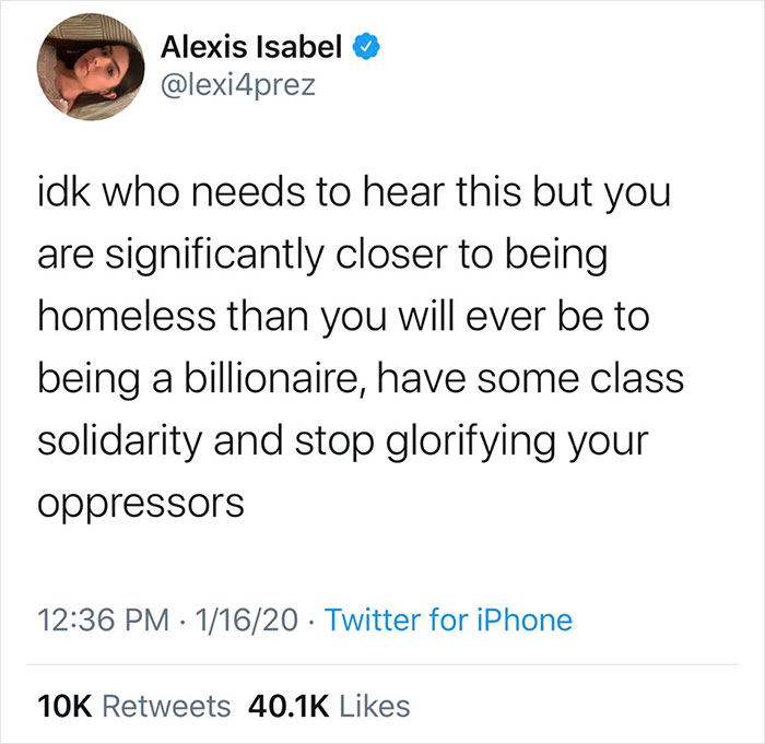 Tweet by Alexis Isabel highlighting class issues, with 10K retweets and 40.1K likes.