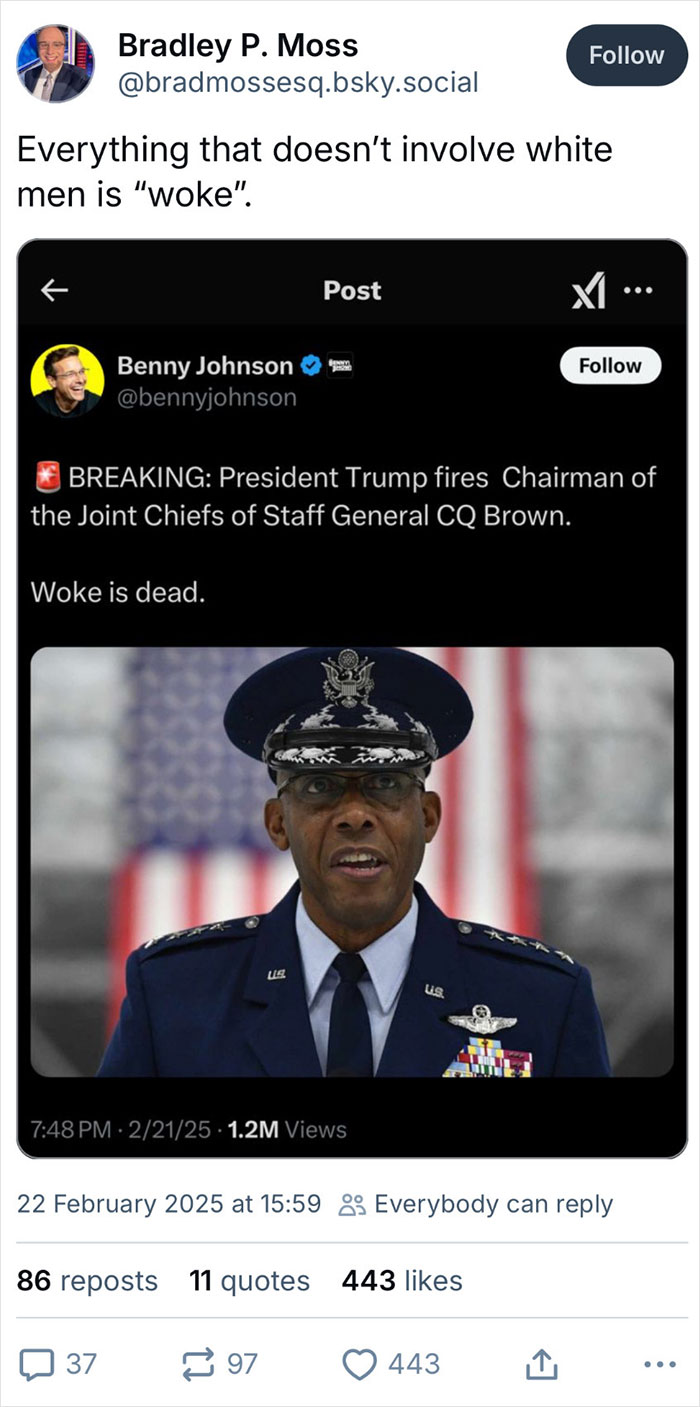 Tweet criticizes firing of General CQ Brown, calling it "woke" in controversial facepalm moment discussion.
