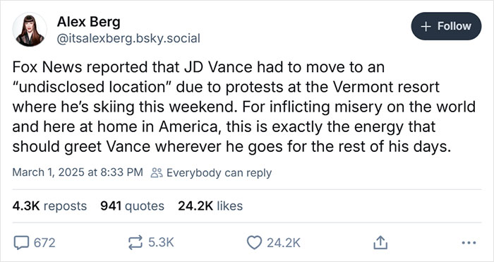 Tweet discussing JD Vance relocating due to protests; a facepalm moment questioning world events.