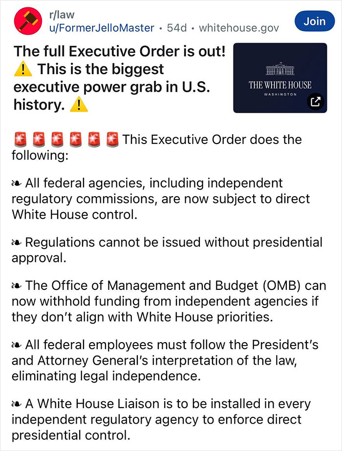 Executive order announcement on Reddit; claims of major power shift to the White House raise eyebrows.