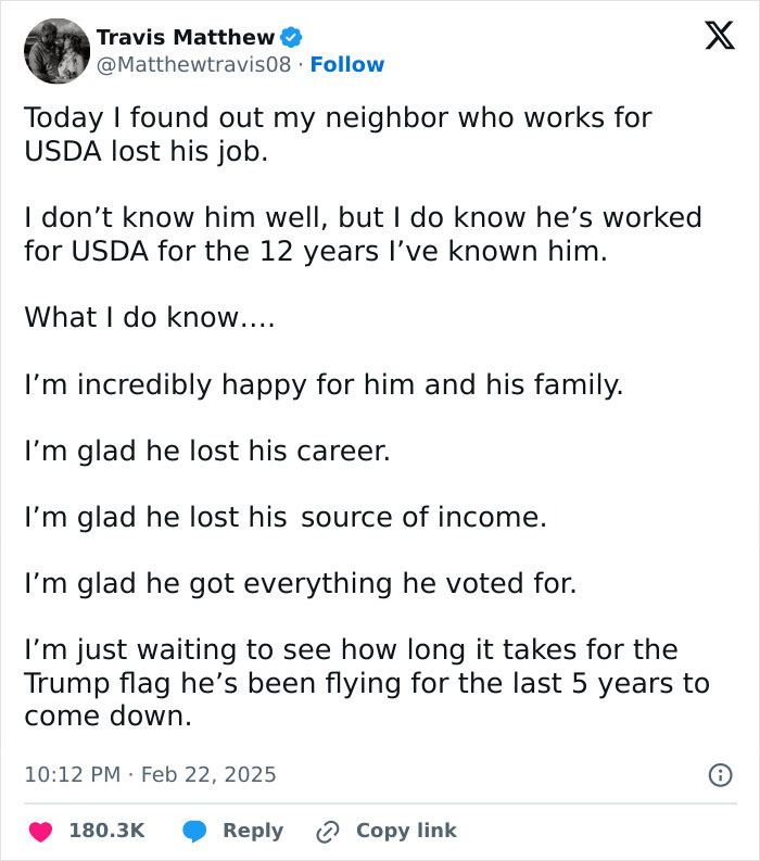 Text tweet expressing satisfaction about a USDA worker's job loss; highlights political irony.