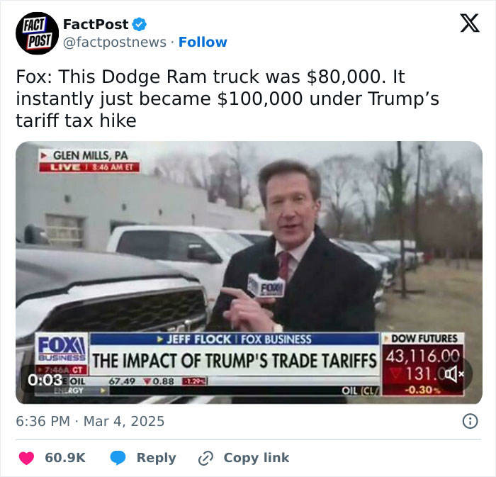 News reporter discussing trade tariffs' impact on truck prices.