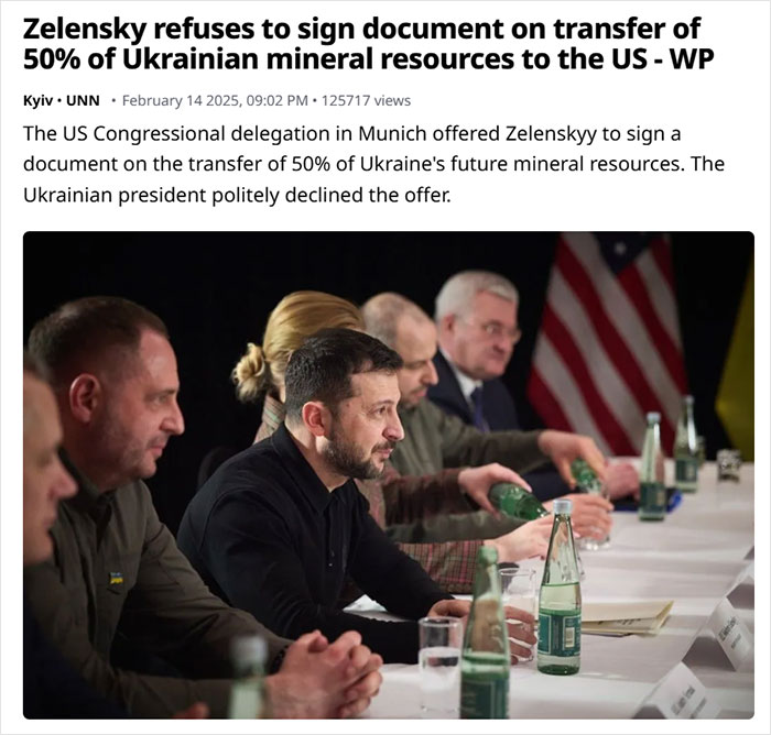 Ukraine leader declines mineral resource deal in Munich meeting.