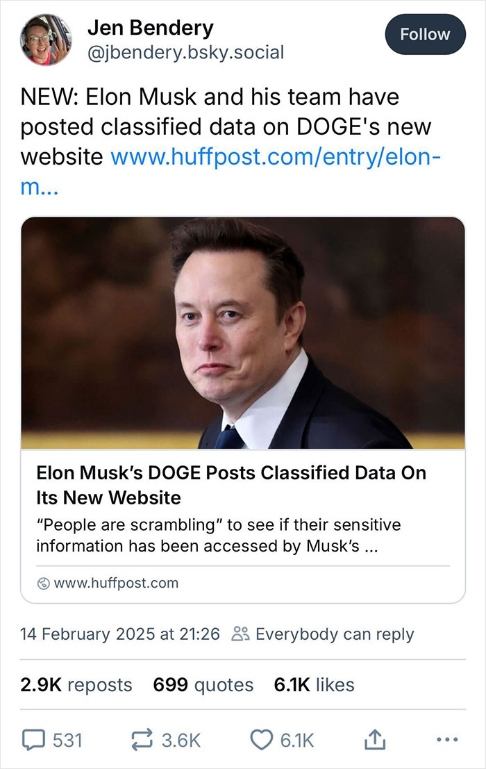 Elon Musk's tweet about DOGE website classified data sparks facepalm reactions online.
