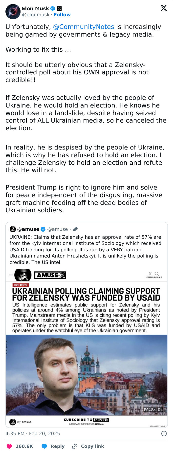 Social media post with claims about Ukrainian polling and Zelensky's approval, sparking facepalm moments.