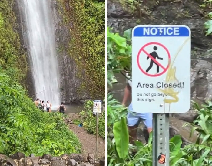 Visitors ignoring an area closed sign near a waterfall, showing entitled and rude tourist behavior in a natural setting.