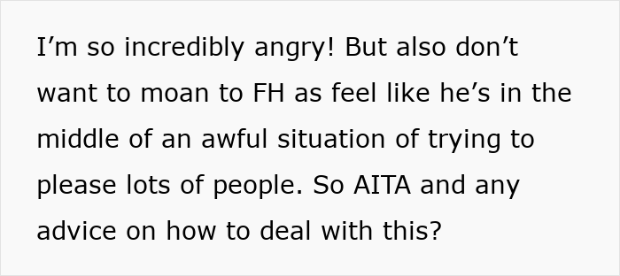 Text expressing frustration about navigating a wedding situation involving the future father-in-law's actions.