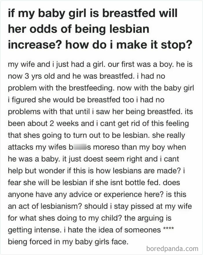 Screenshot of a weird Quora question about breastfeeding and concerns about s****l orientation from the most unfortunate Quora questions.