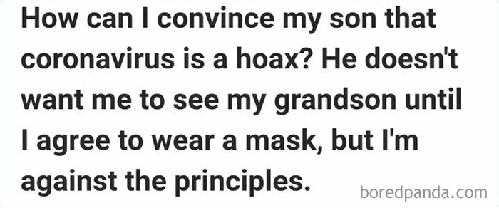 Question from Quora about convincing a son that coronavirus is a hoax, showing one of the weirdest or most unfortunate questions.