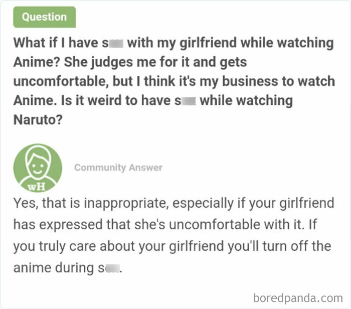 Quora question about watching anime with girlfriend judged as inappropriate in weird or unfortunate Quora questions.
