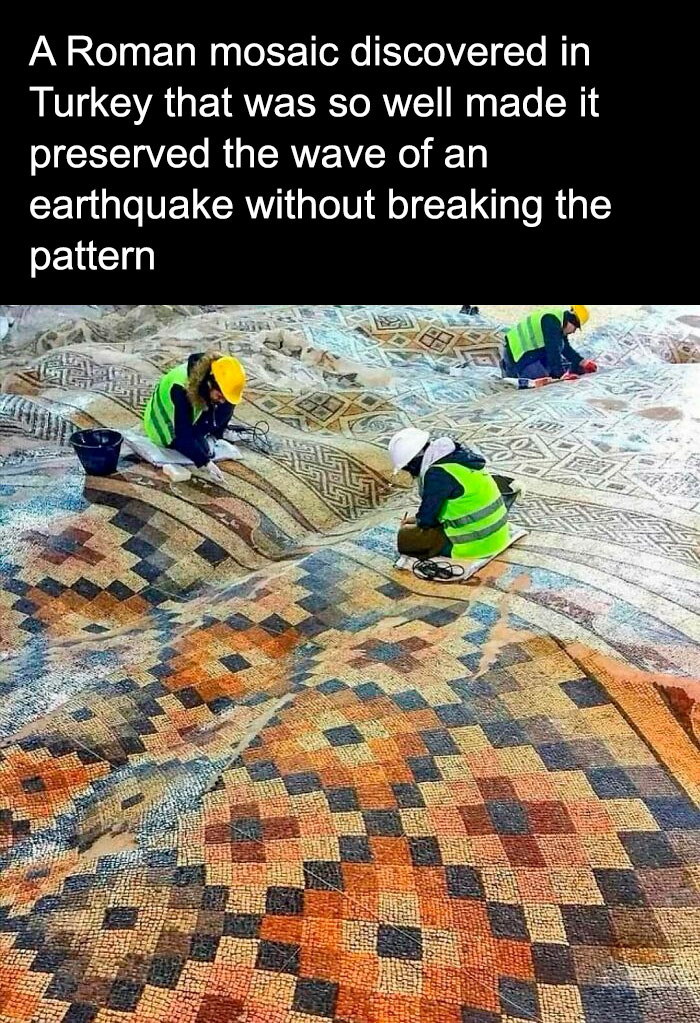 Workers restore an ancient Roman mosaic in Turkey that survived an earthquake, showcasing historical craftsmanship.