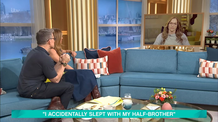 TV hosts interview woman on screen about fertility fraud using brother's DNA.