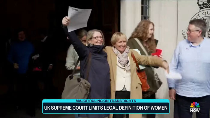 Celebratory crowd outside Supreme Court after ruling on trans rights, highlighting J.K. Rowling's response.