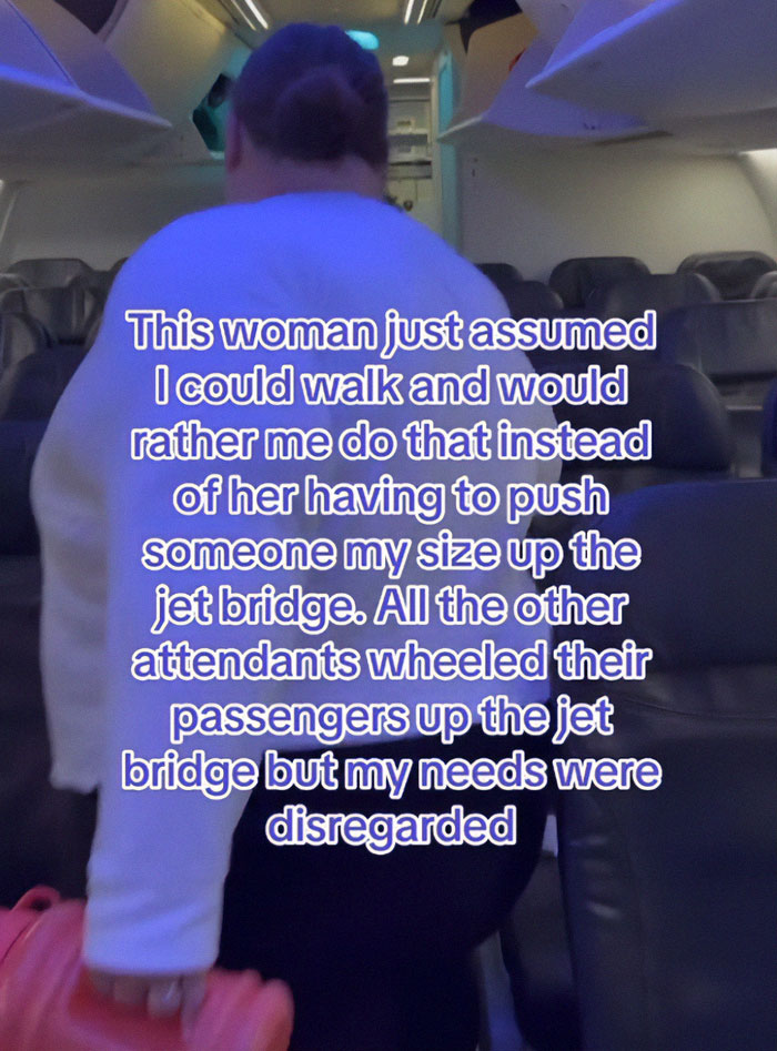 Plus-sized passenger frustrated as airport worker refuses wheelchair assistance.