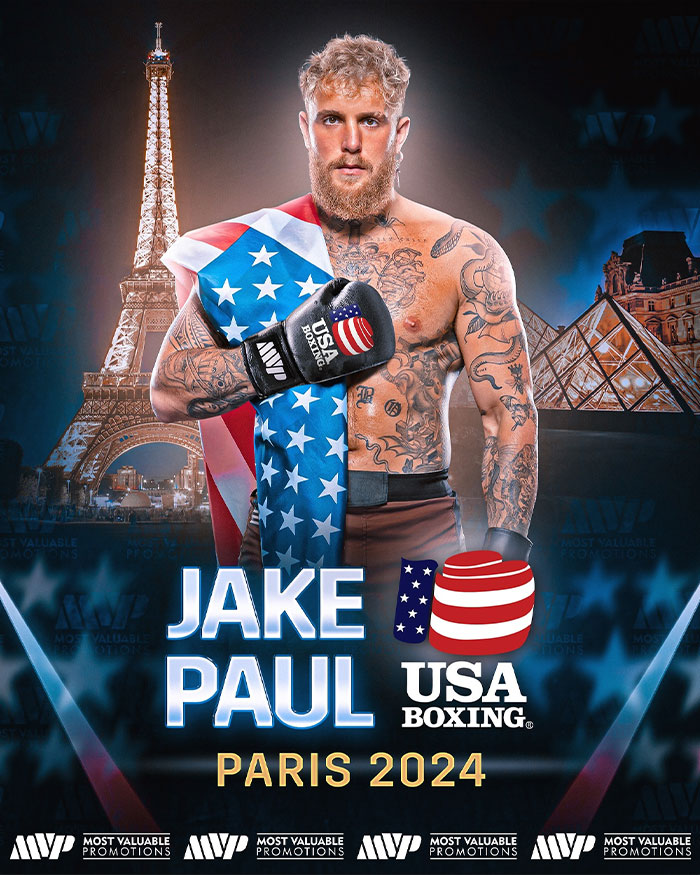 Jake Paul with USA gloves poses before Eiffel Tower in a promotional image for Paris 2024, highlighting Jake Paul's net worth.