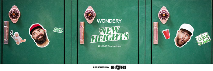 Green lockers with podcast stickers, featuring Jason Kelce and New Heights, representing his net worth journey.