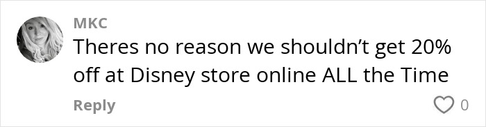 Comment from a Disney fan about online store discount wishes, discussing discounts for 2025.