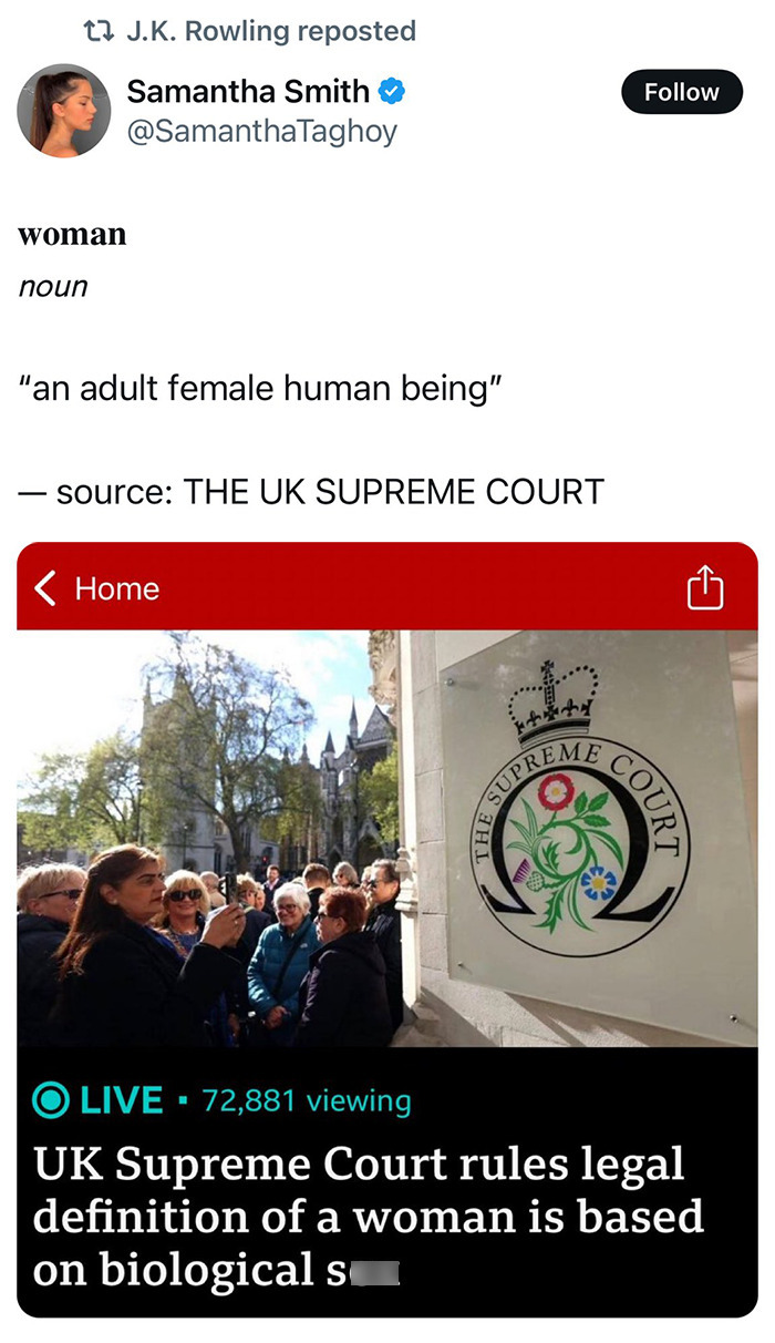 Crowd outside UK Supreme Court; ruling on trans women definition shared by JK Rowling.