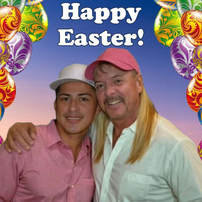 Two men in white and pink caps posing together, with "Happy Easter!" text above. Tiger King theme present.