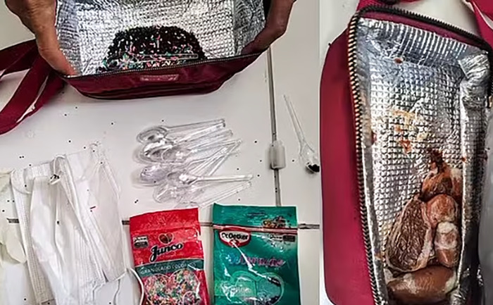 Insulated bag with packets, spoons, and cloth masks, related to a case involving poisoned Easter eggs. Insulated bag with packets, spoons, and cloth masks, related to a case involving poisoned Easter eggs.