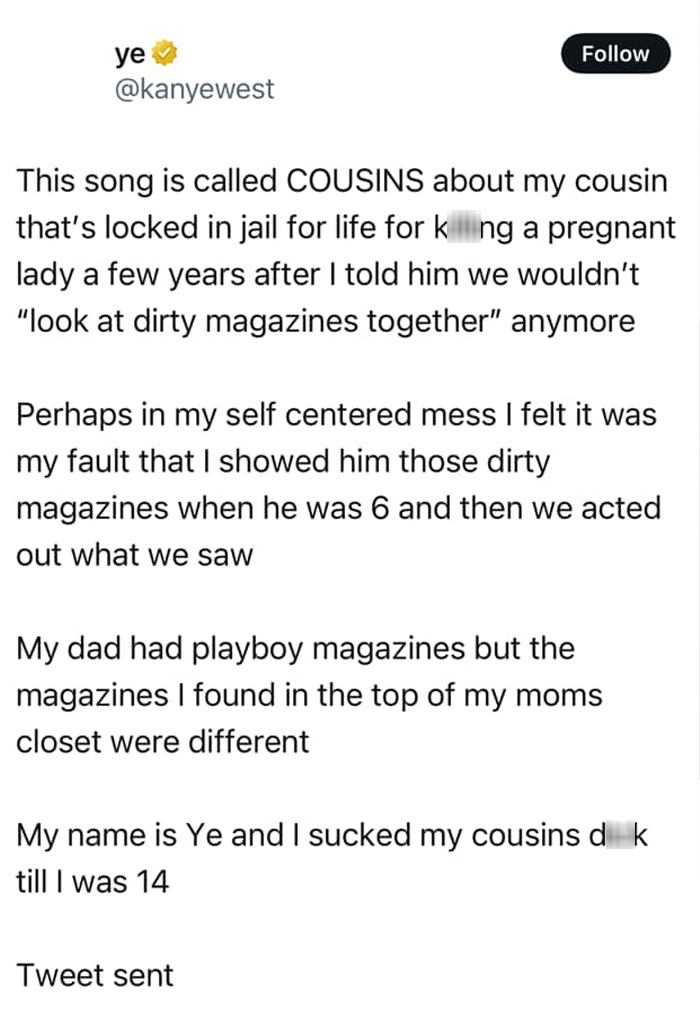 Tweet by Kanye West discussing personal and controversial family experiences.