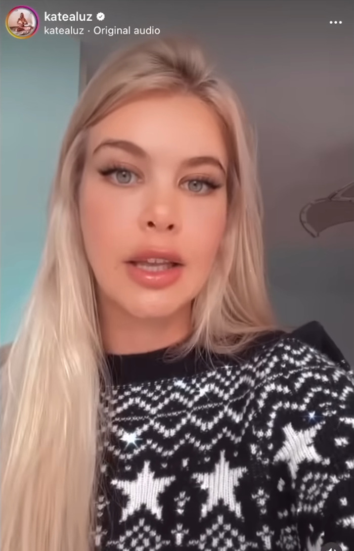 Blonde woman wearing a patterned sweater, associated with Leonardo DiCaprio's influencer ex news.