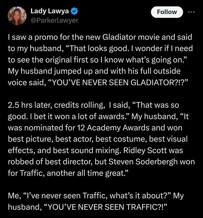 Text post showing a humorous conversation about watching iconic movies for uplifting moments in a daily scroll.