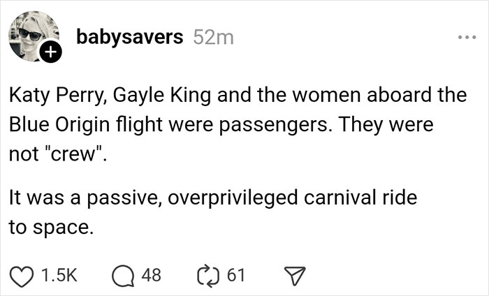 Social media post criticizing Blue Origin's space flight as an exclusive ride for celebrities like Katy Perry.