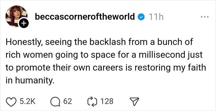 Social media post reacting to Blue Origin's space trip as a PR stunt for the rich, with engagement stats.