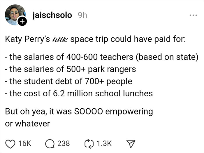 Text post humorously critiques Katy Perry's space trip expenses compared to societal benefits.