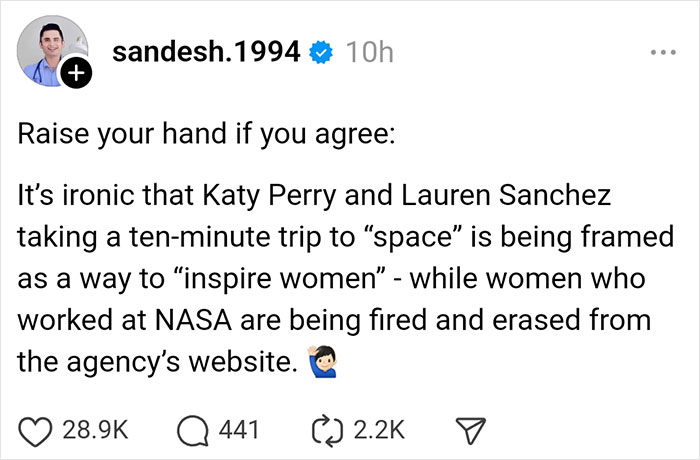 Instagram post discussing reactions to Katy Perry's space trip with Blue Origin, highlighting perceived irony.