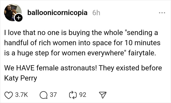Social media post critiques Blue Origin's space trip with Katy Perry and questions its impact on female astronauts.